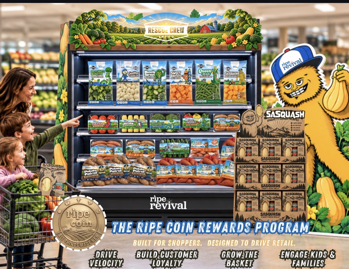 Rescue Crew produce display and Ripe Coin Rewards retail concept
